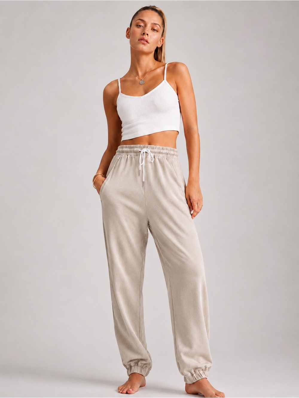 AUTOMET High Waist Jogger Sweatpants Tan Beige Drawstring Pockets Size L NWT